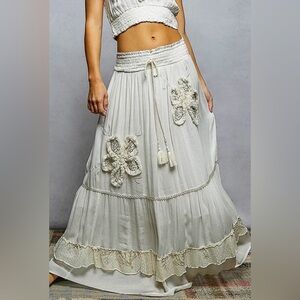POL Ivory cream sequin embroidered boho tassel lace maxi skirt dress